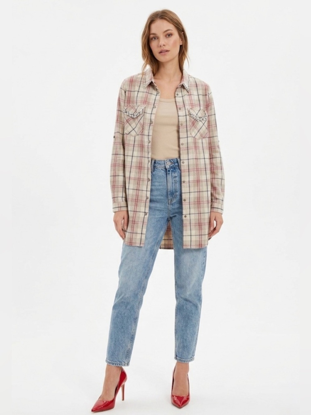 Saloon Women's Large Plaid Shirt with Beaded Pearl Collar and Pockets